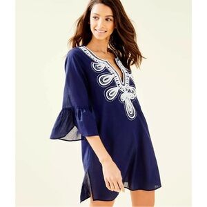Lilly Pulitzer True Navy Piet Embroidered Tunic / Swim Cover Up, Size M